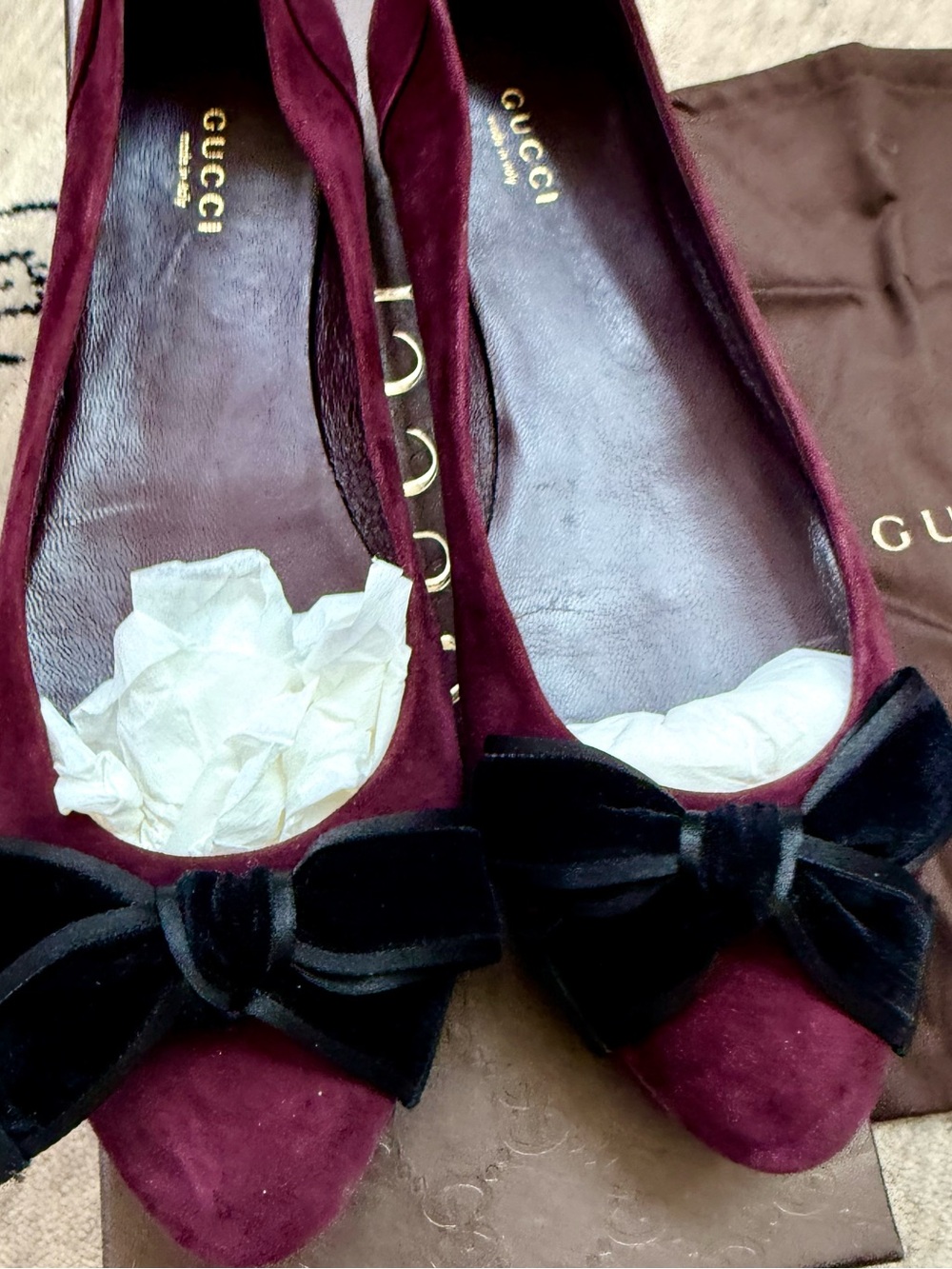 Gucci Burgundy Suede Pointed Ballet Flats with Black Velvet Bows